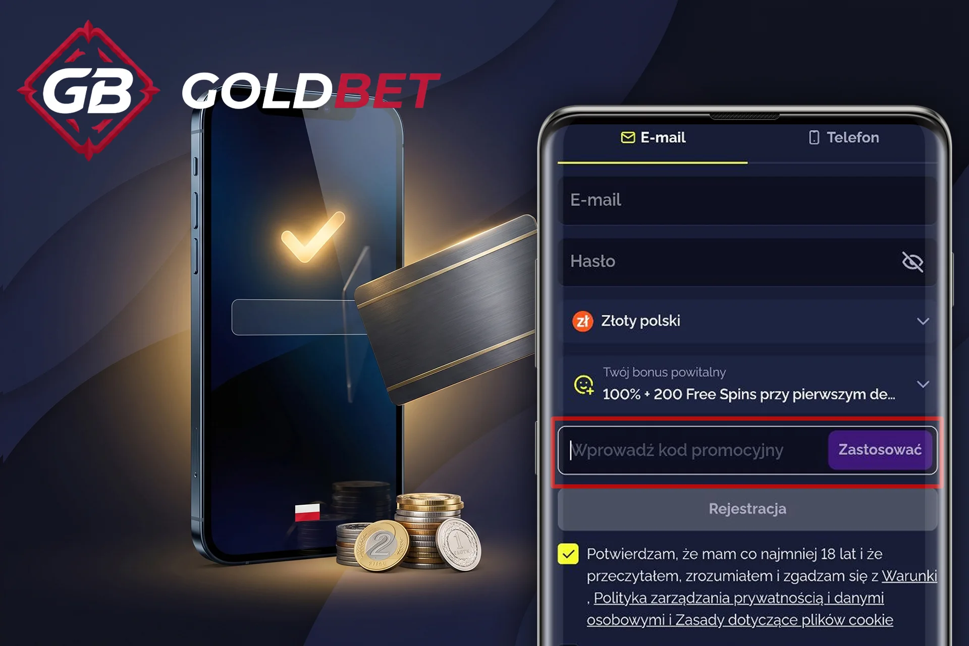 Szybka i prosta aktywacja kodu rabatowego w kasynie Goldbet podczas rejestracji, z podświetlonym polem wprowadzania danych na ekranie smartfona