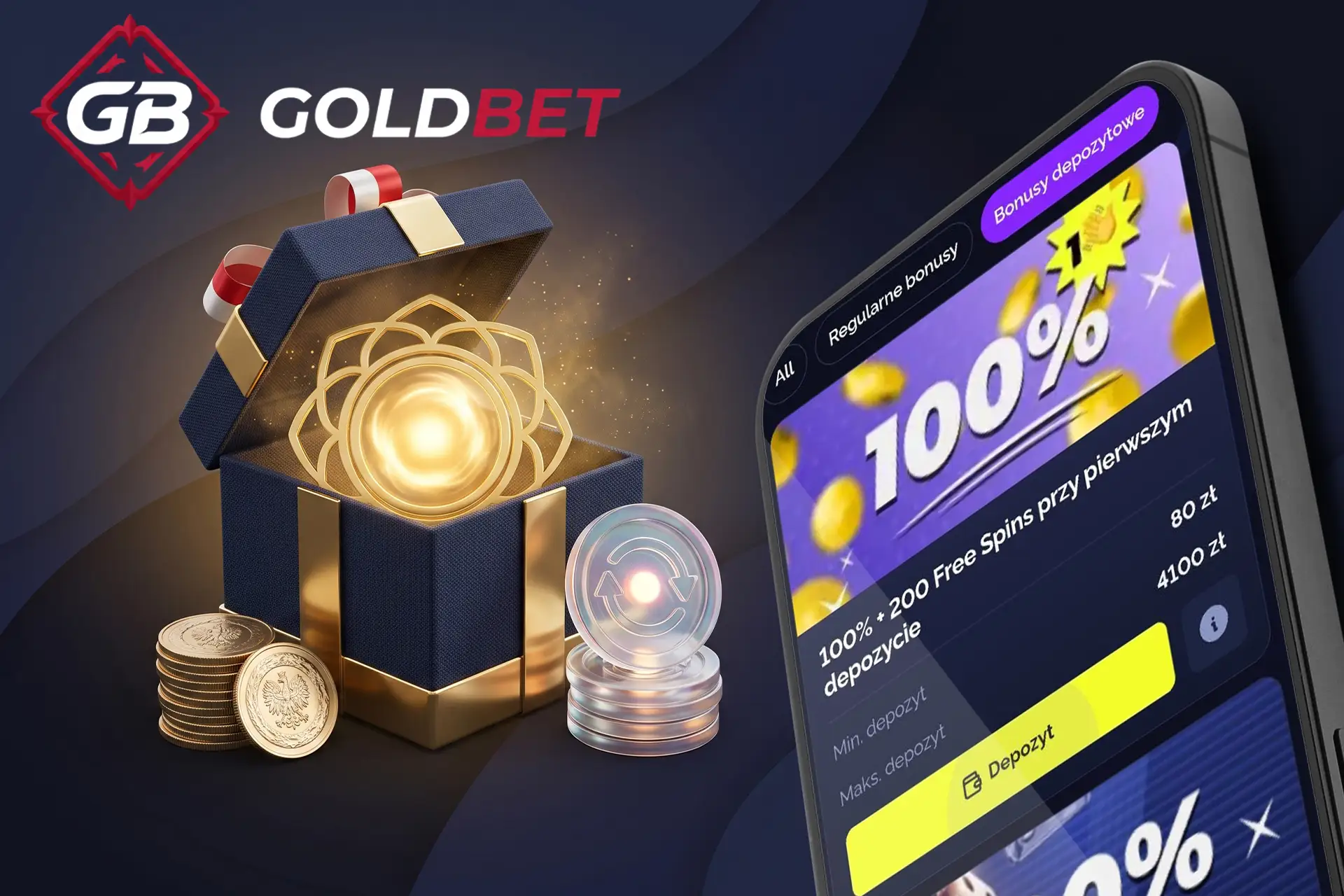Szczegóły pakietu na pierwszy depozyt w Goldbet z darmowymi spinami, zilustrowane na ekranie telefonu obok eleganckiego pudełka ze złotą monetą i polskimi złotówkami