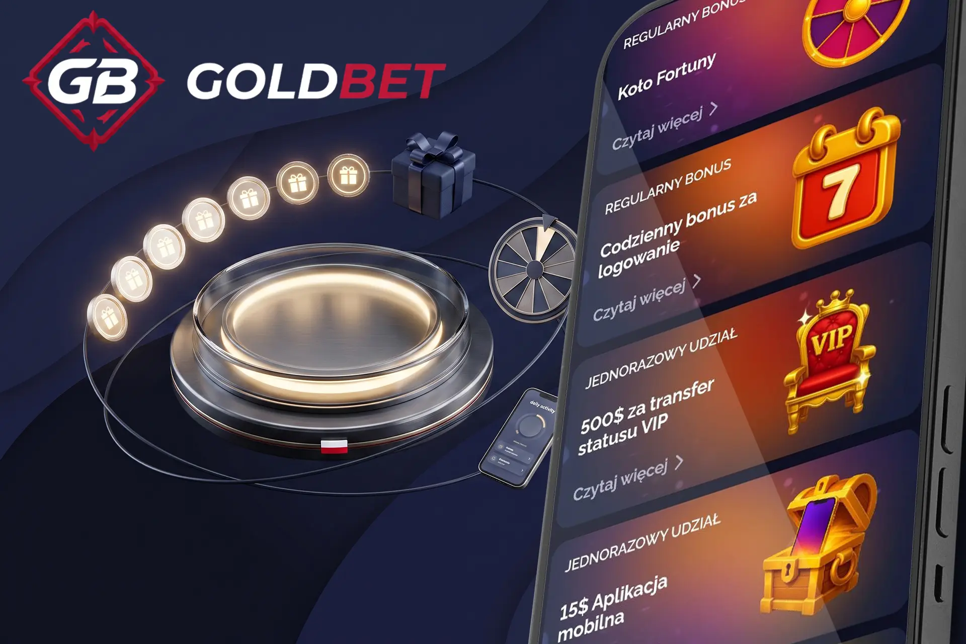 Oferty bez depozytu i regularne nagrody za logowanie dla graczy w Goldbet, reprezentowane przez świetlistą platformę i listę dostępnych bonusów na telefonie