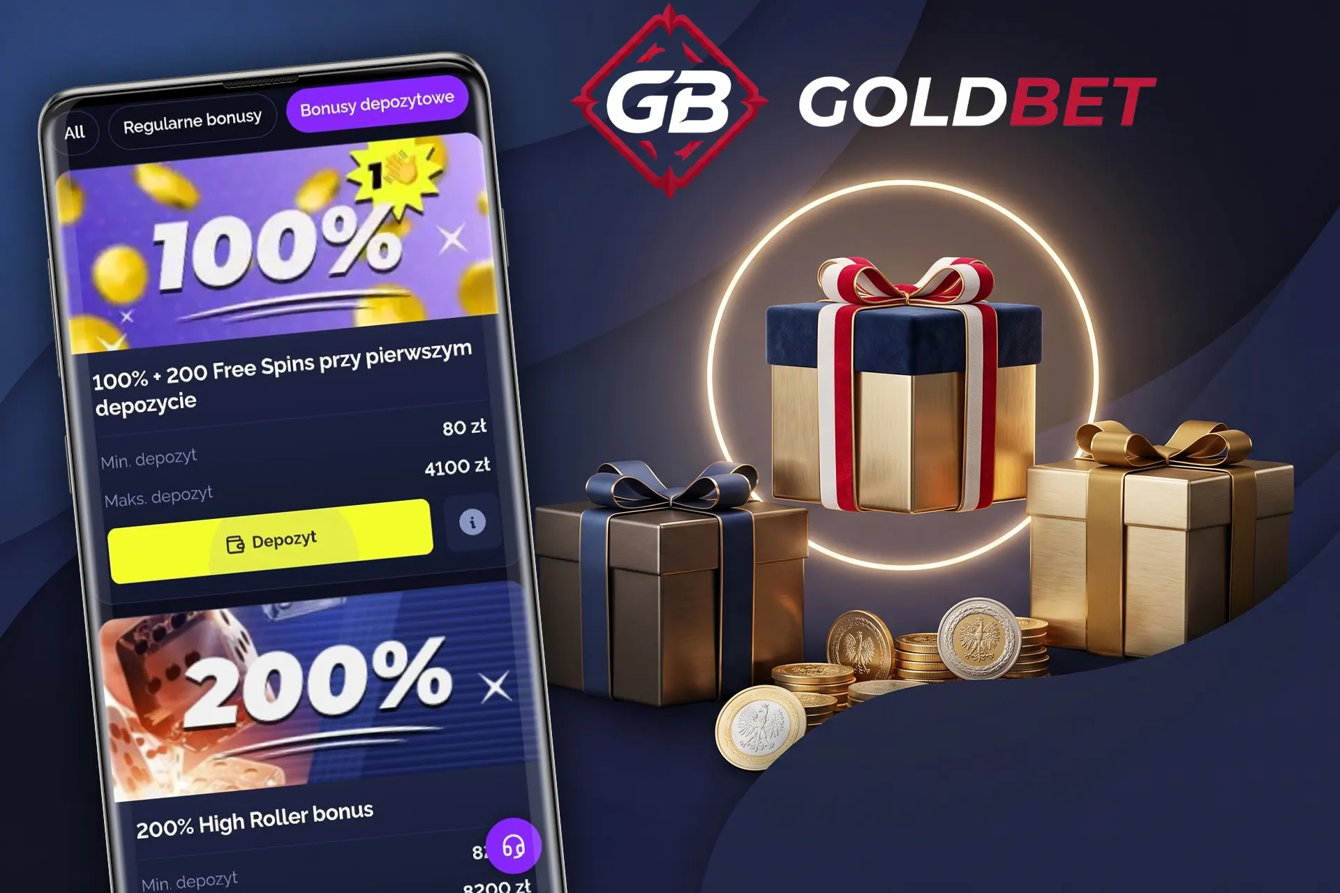 Regularne bonusy od depozytu i nagrody dla High Rollerów dostępne w Goldbet, zilustrowane interfejsem telefonu obok eleganckich pudełek prezentowych i polskich monet