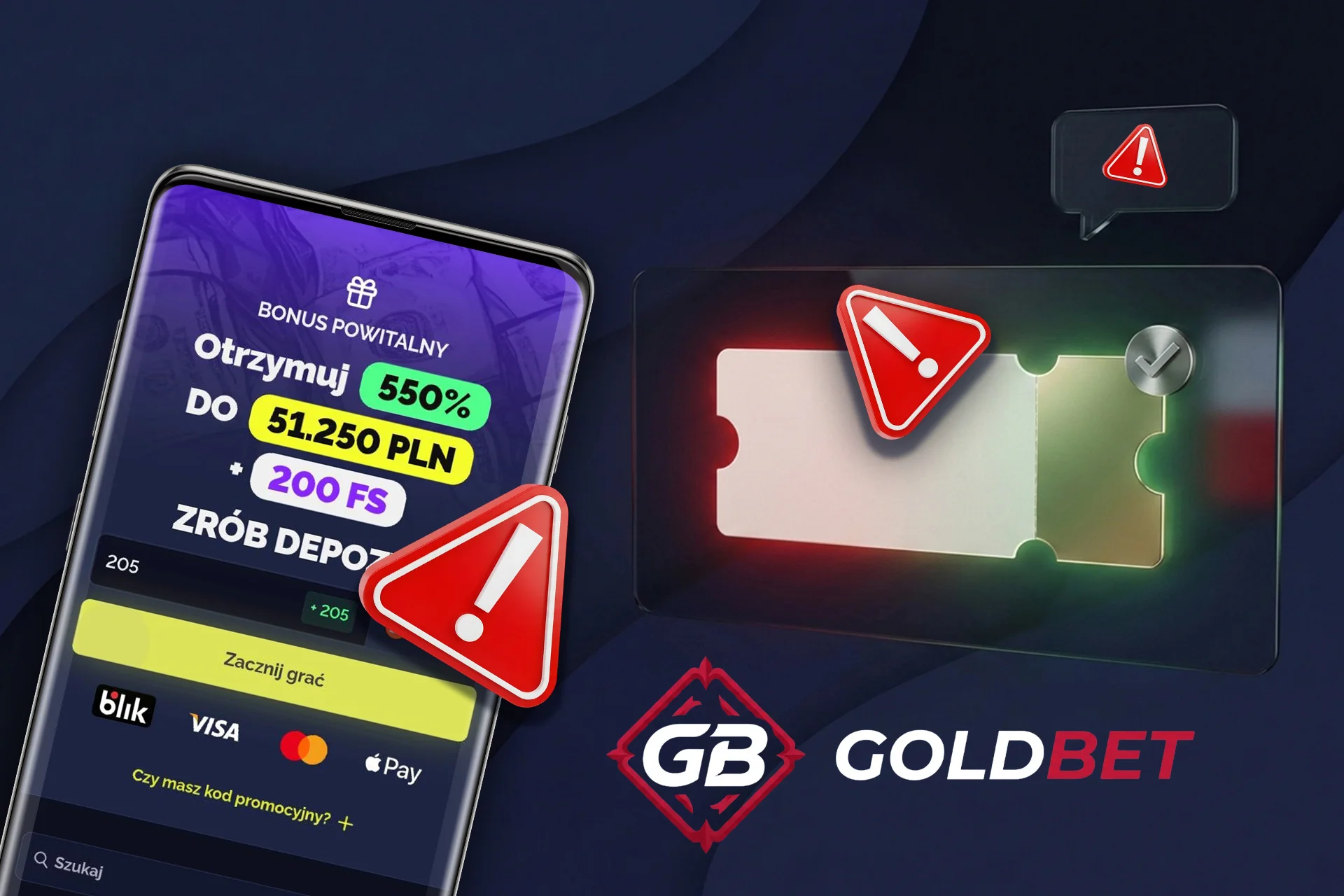Rozwiązywanie problemów, gdy kod promocyjny na stronie Goldbet nie działa, sygnalizowane czerwonym znakiem ostrzegawczym nad ekranem wpłat w telefonie