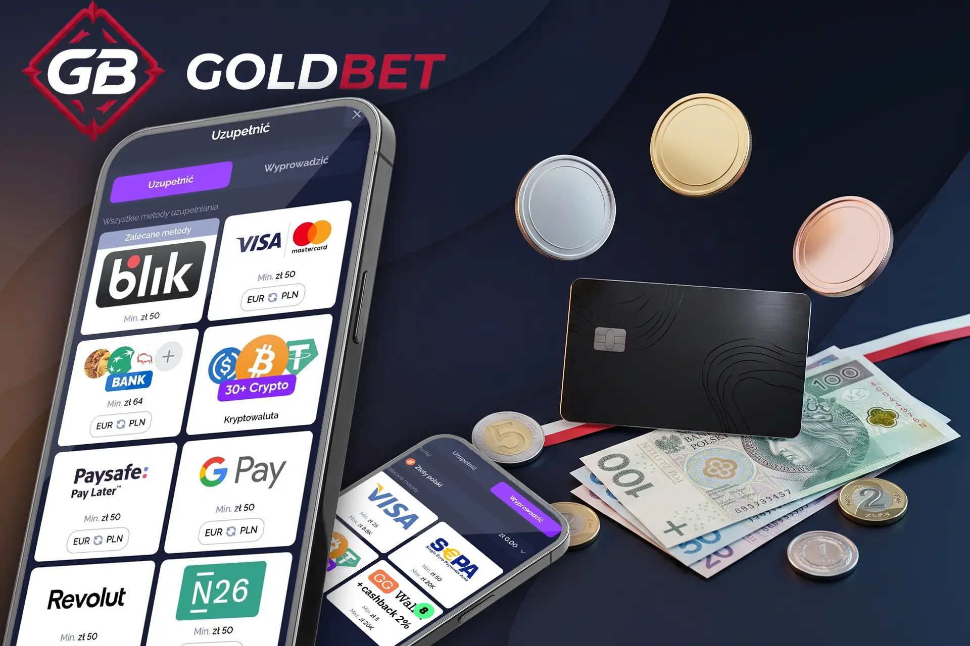 Bezpieczne metody płatności i wypłat w Goldbet, w tym BLIK, karty bankowe i kryptowaluty, zilustrowane smartfonem, czarną kartą kredytową oraz polskimi banknotami