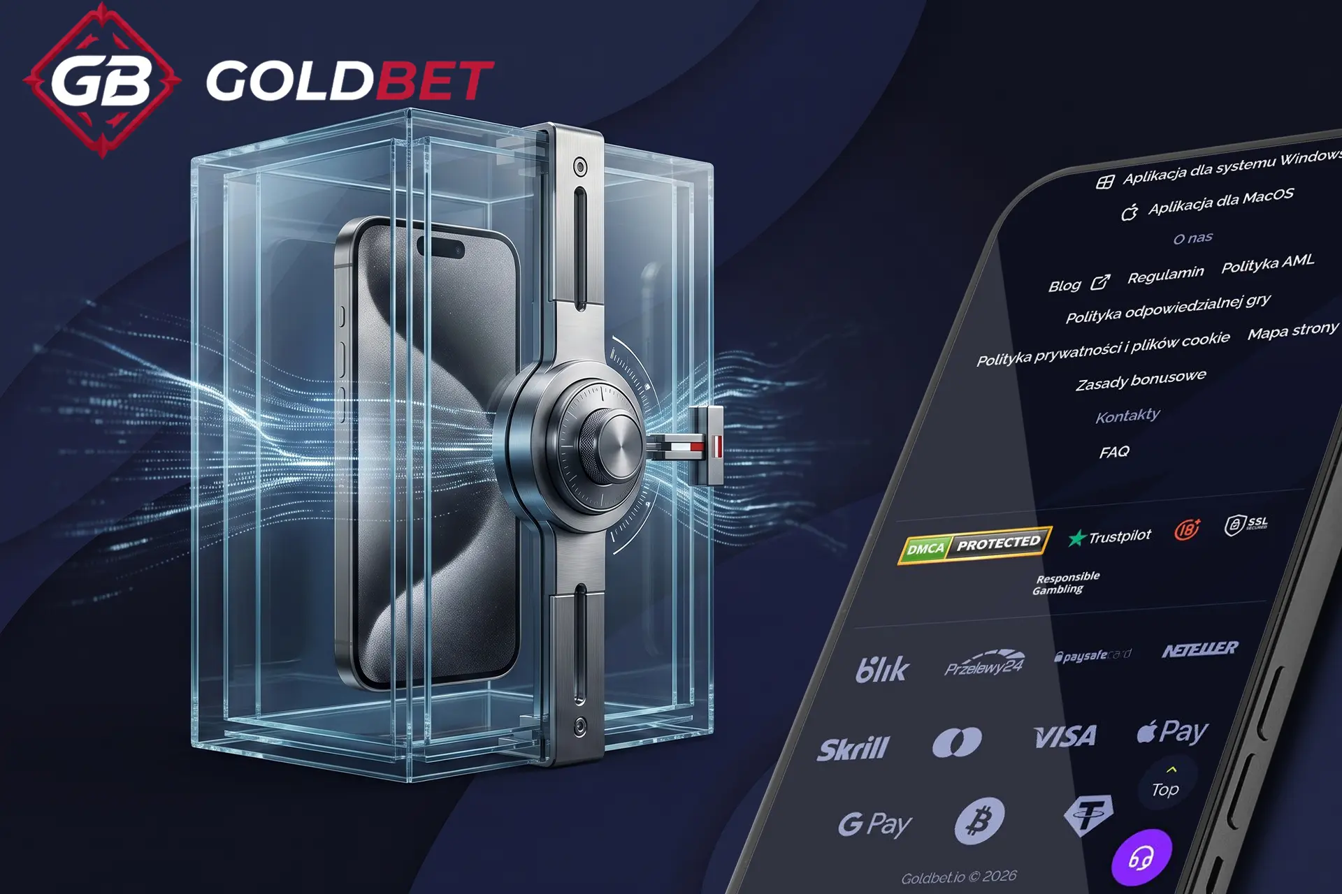 Polityka odpowiedzialnej gry i zaawansowane zabezpieczenia konta gracza w Goldbet, przedstawione za pomocą smartfona chronionego solidnym szklanym sejfem z zamkiem szyfrowym