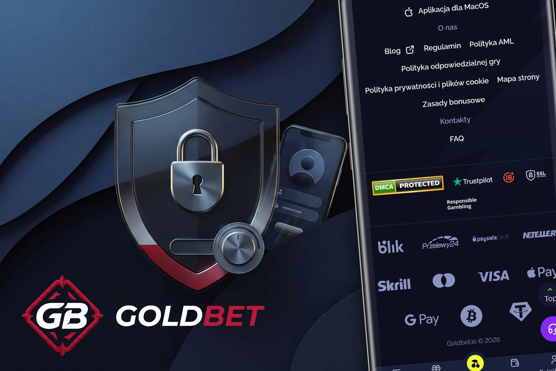 Certyfikaty bezpieczeństwa, ochrona danych i polityka odpowiedzialnej gry w kasynie Goldbet, reprezentowane przez metalową tarczę z kłódką na ekranie telefonu